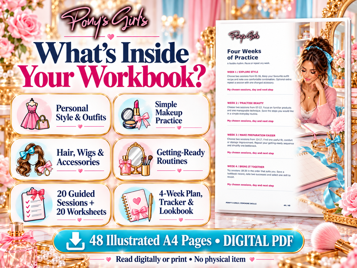 Sissy Feminine Skills Workbook PDF: 48 Illustrated Pages, Crossdressing Styling & Makeup Practice