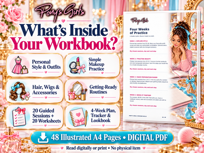 Sissy Feminine Skills Workbook PDF: 48 Illustrated Pages, Crossdressing Styling & Makeup Practice
