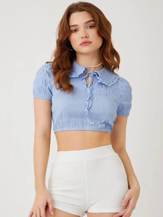 Frilled Tie Front Crinkle Top Baby Blue/12/14 - Pony's Girls